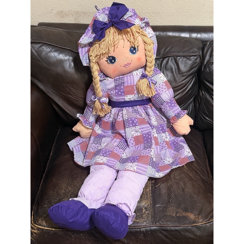 HUGE 48" You & Me Rag Doll Blonde Yarn Braids Purple Patchwork Prairie Embroider